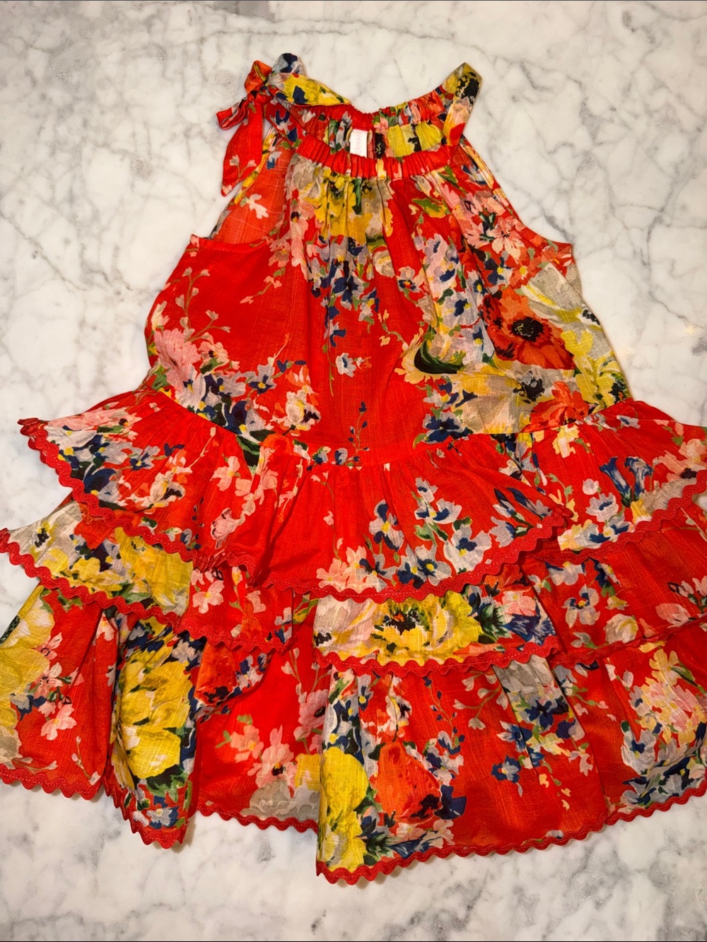 Zimmermann Red Floral Tiered Ruffle Dress 12/18M (1)
